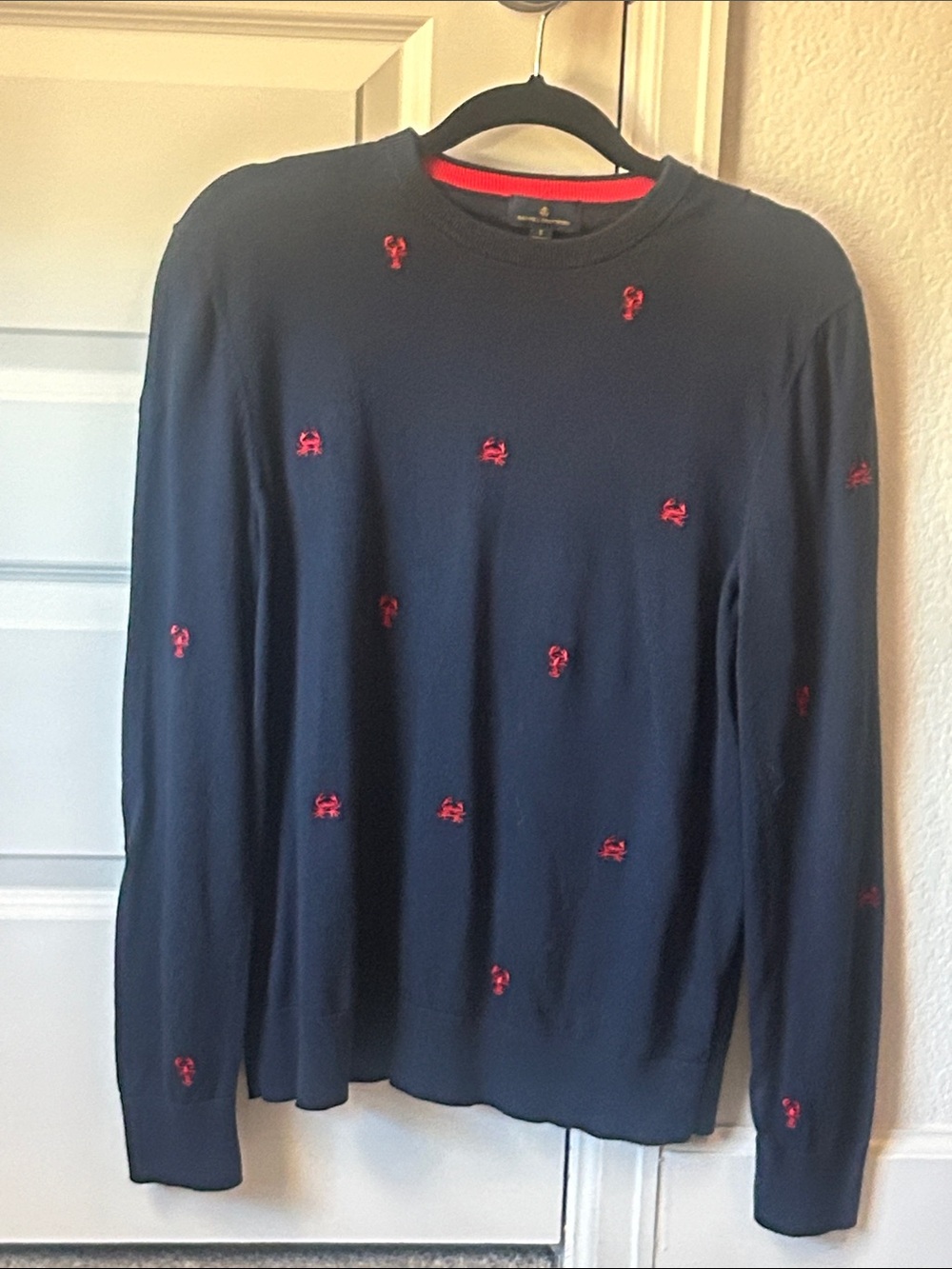 Brooks Brothers Navy Crewneck Sweater with Red Embroidered Motifs